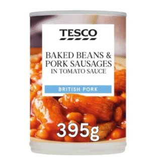 Tesco baked beans and pork sausages 395g